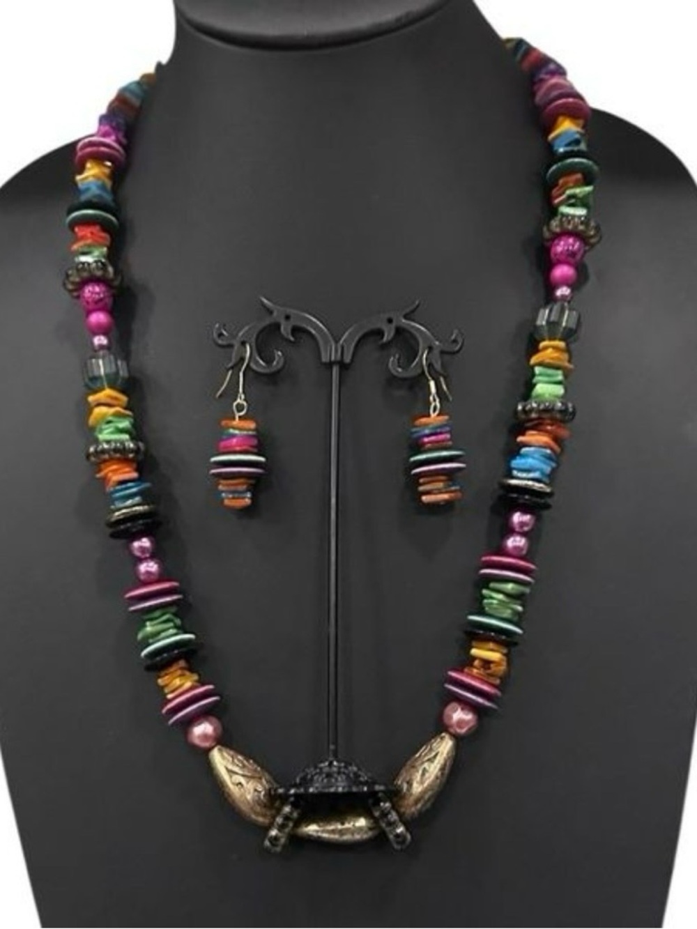 Handcrafted Boho-style
Beaded Necklace & Dangle Earrings Set Multicolor Beads